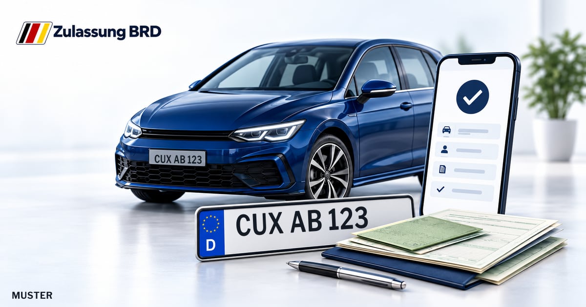 Online Fahrzeugzulassung in Schiffdorf: Musterkennzeichen CUX AB 123, Auto und Fahrzeugpapiere und Smartphone. Illustration mit Logo von Zulassung BRD.